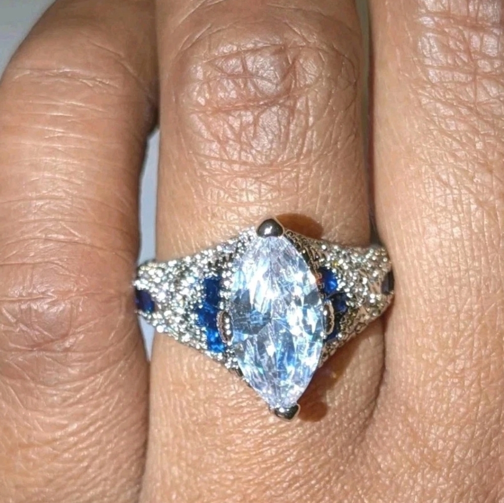 Ladie's 5ct Marquise White Cubic Zirconia Engagement Ring With Sapphire Accents